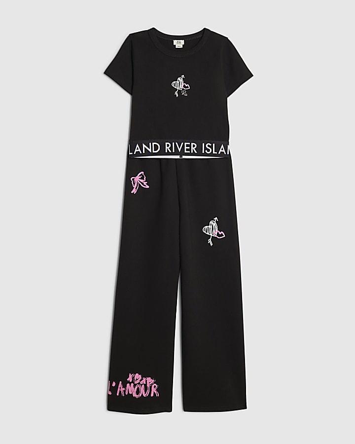 River Island Girls Black Graffiti Wide Leg Trousers Set