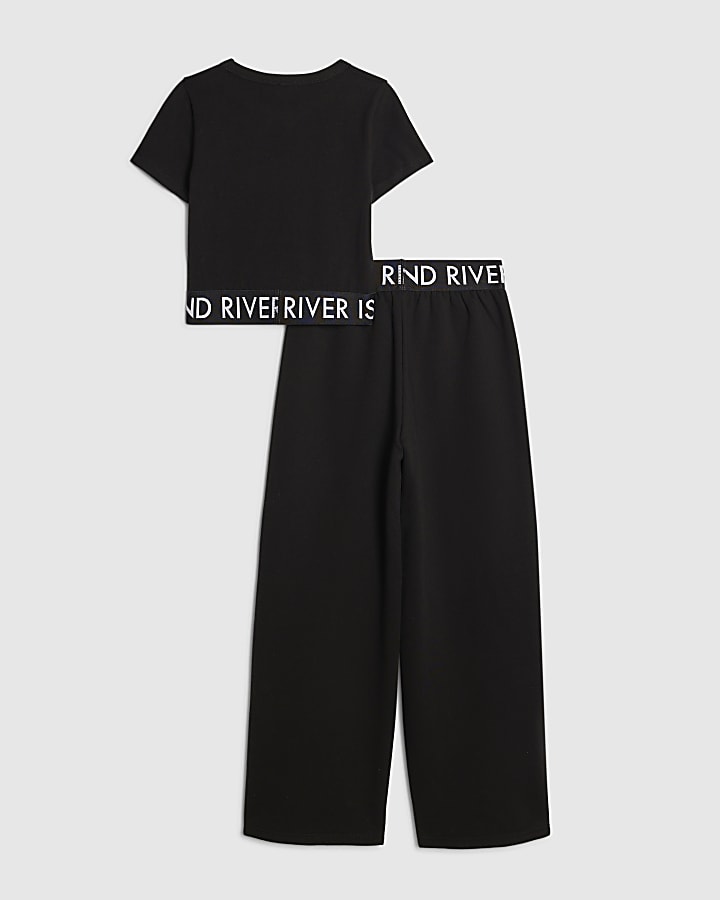 River Island Girls Black Graffiti Wide Leg Trousers Set