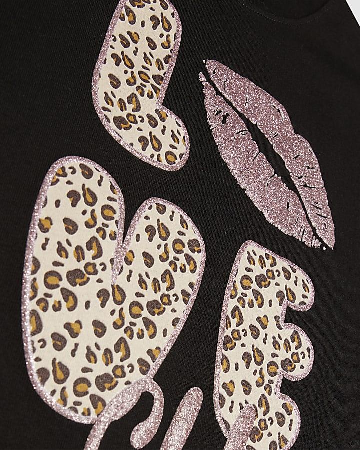 River Island Girls Black Leopard Love Club Crop Top Set