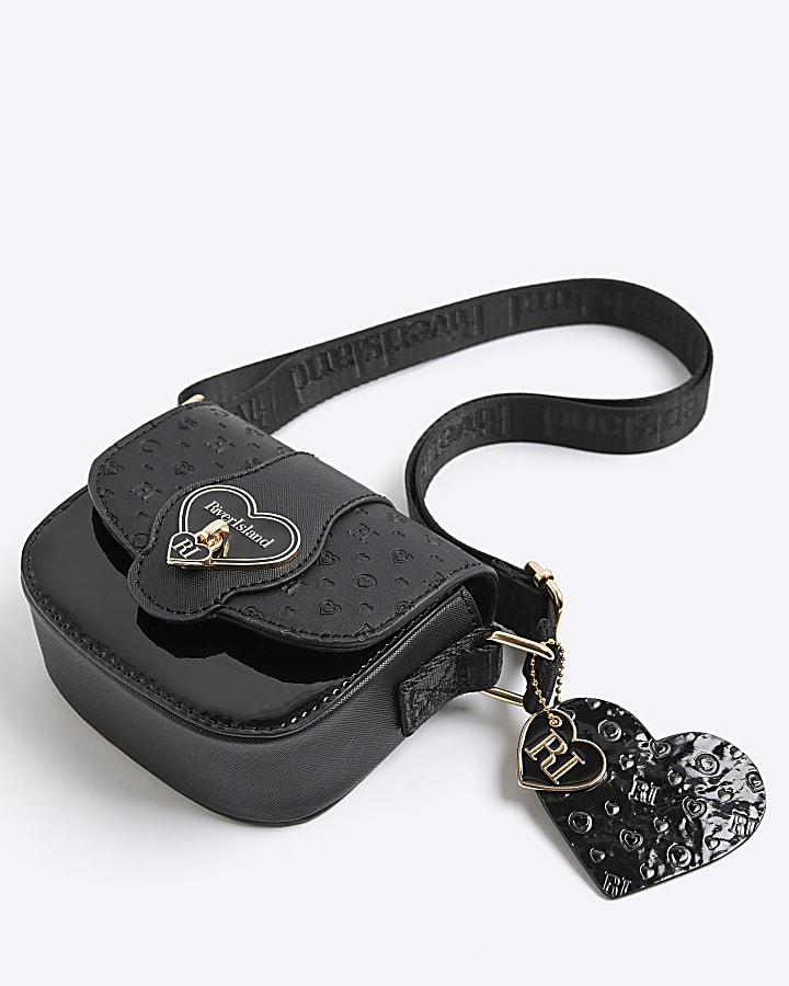 River Island Girls Black Monogram Heartlock Cross Body Bag