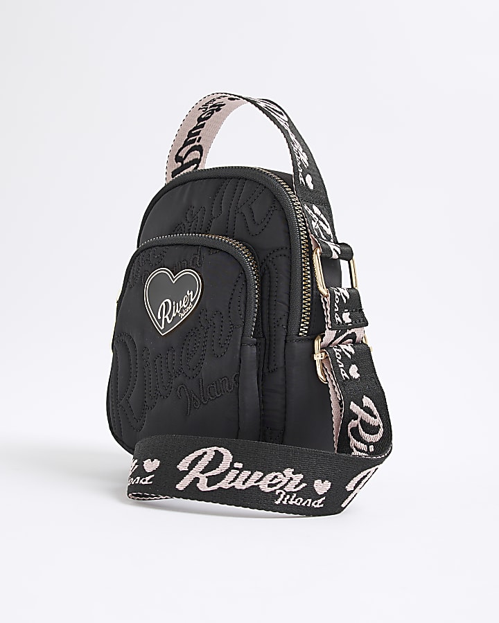 River Island Girls Black Nylon RI Heart Cross Body Bag