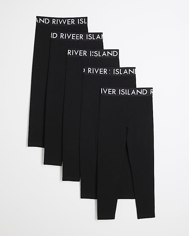 River Island Girls Black Pack Of 5 RI Waistband Leggings
