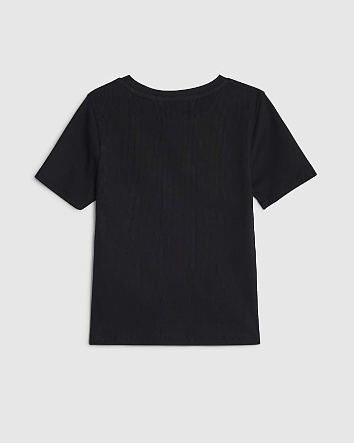 River Island Girls Black Ribbed Faux Fur Heart T-Shirt