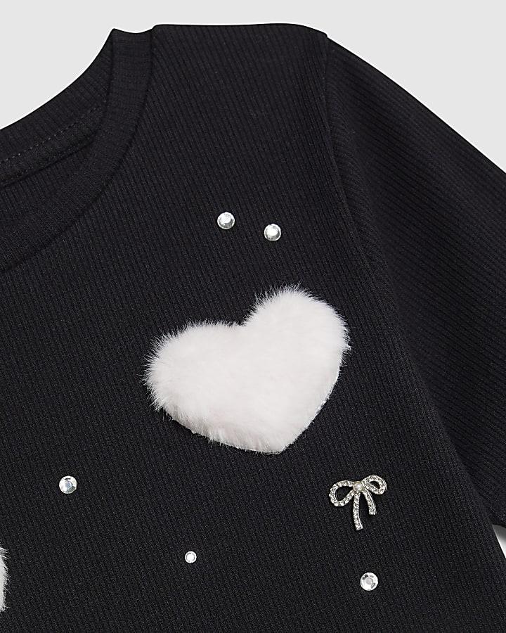River Island Girls Black Ribbed Faux Fur Heart T-Shirt