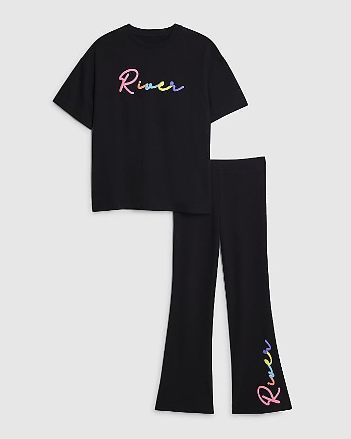 River Island Girls Black River T-Shirt And Leggings Set