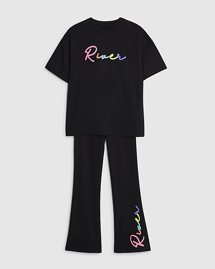 River Island Girls Black River T-Shirt And Leggings Set