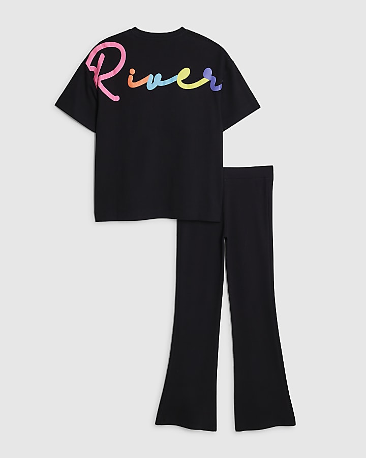 river island Girls Black River T-Shirt And Leggings Set