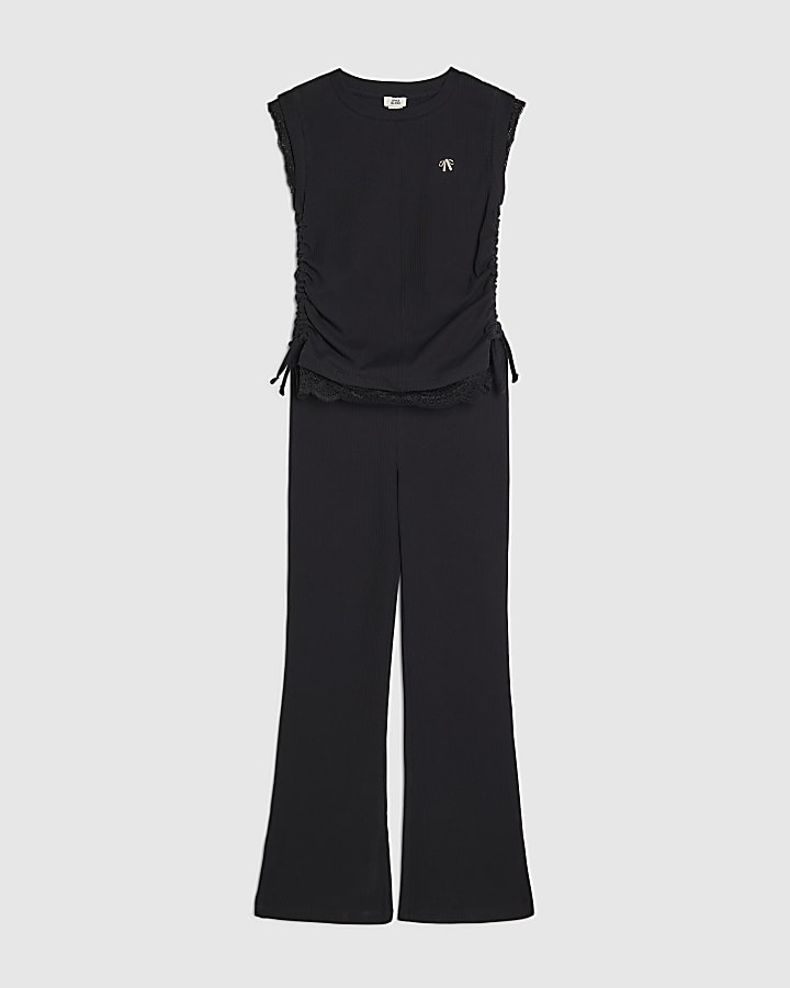 River Island Girls Black Ruched Ribbed Leggings Set