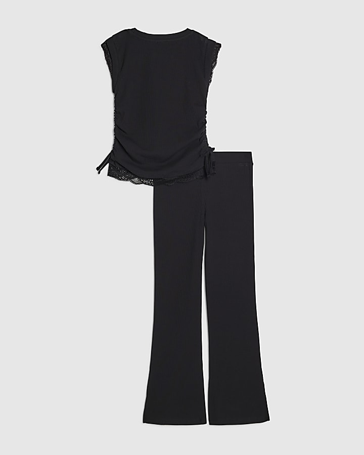 River Island Girls Black Ruched Ribbed Leggings Set