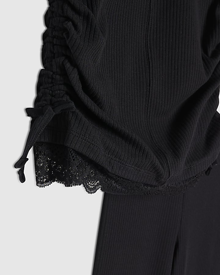 river island Girls Black Ruched Ribbed Leggings Set