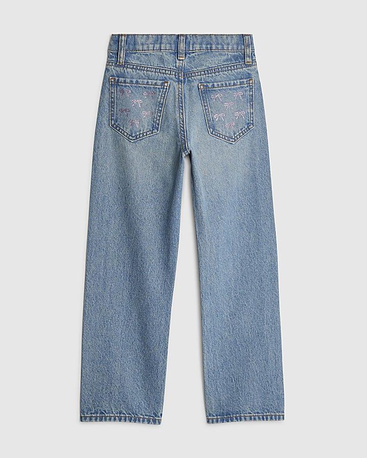 River Island Girls Blue Bow Embellished Straight Jeans