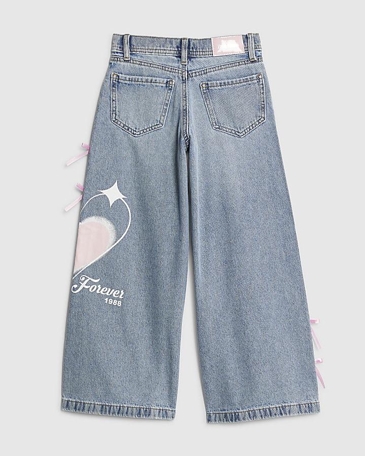 River Island Girls Blue Bow Graffiti Wide Leg Jeans