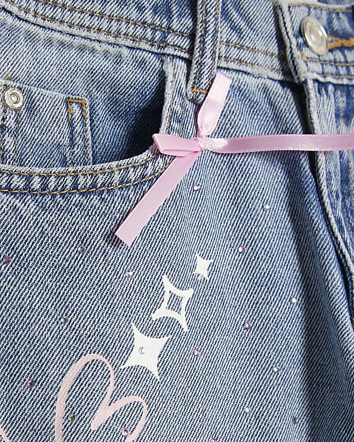River Island Girls Blue Bow Graffiti Wide Leg Jeans