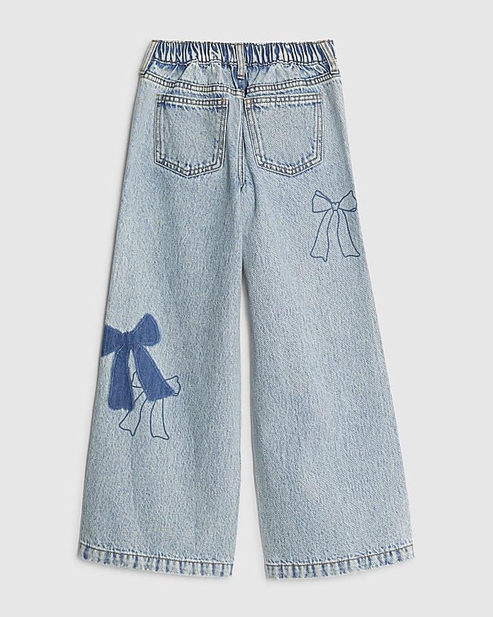 River Island Girls Blue Bow Patchwork Wide Leg Jeans