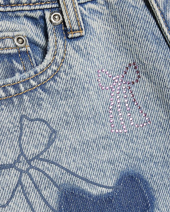 River Island Girls Blue Bow Patchwork Wide Leg Jeans