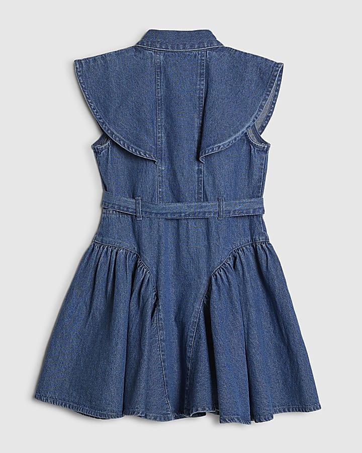 River Island Girls Blue Denim Embellished Prom Shirt Dress
