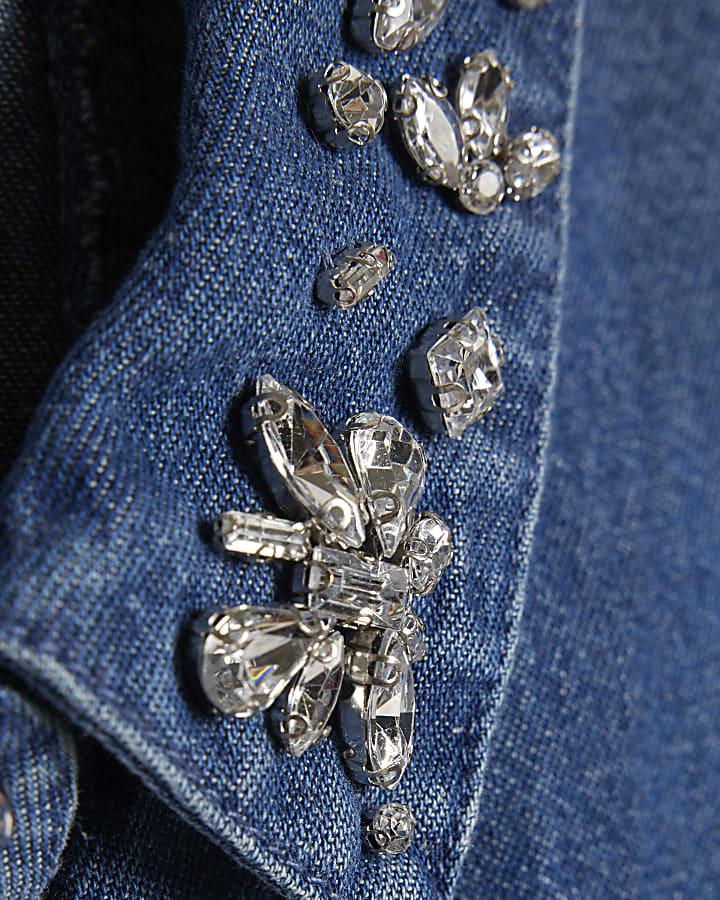 River Island Girls Blue Denim Embellished Prom Shirt Dress