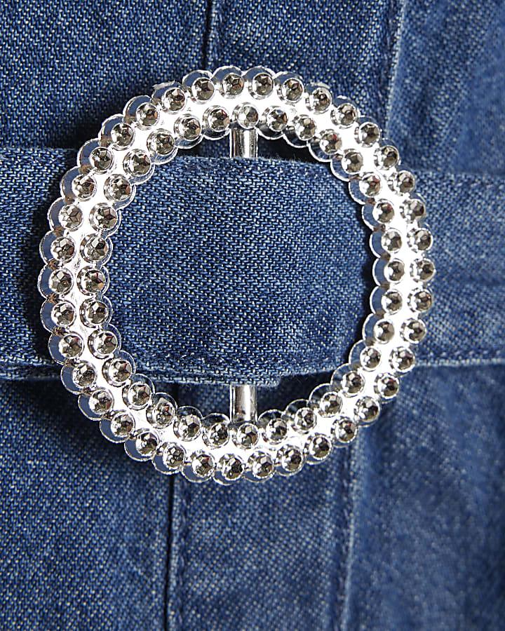 River Island Girls Blue Denim Embellished Prom Shirt Dress