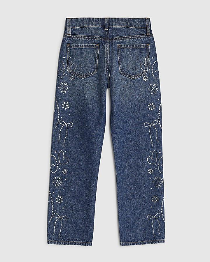 River Island Girls Blue Diamante Sided Straight Jeans