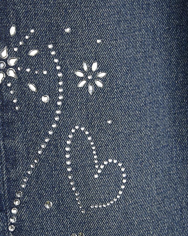 river island Girls Blue Diamante Sided Straight Jeans
