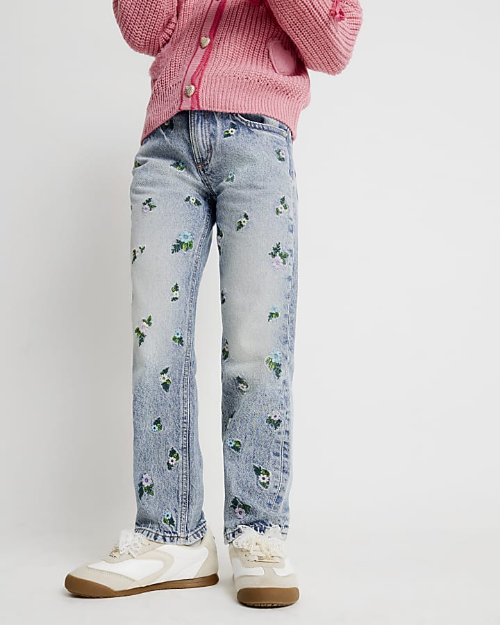 River Island Girls Blue Floral Embroidered Straight Jeans