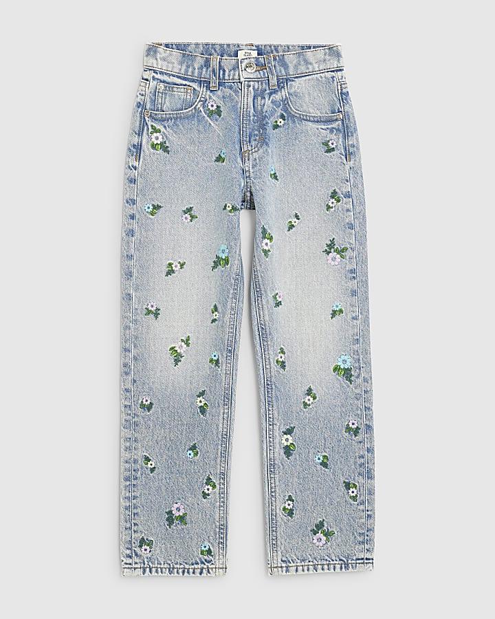 River Island Girls Blue Floral Embroidered Straight Jeans