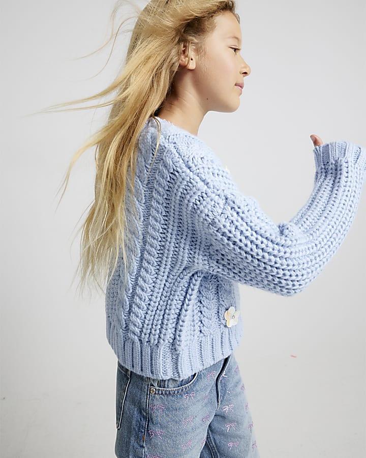 River Island Girls Blue Knitted Flower Jumper With Bag
