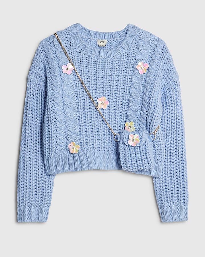 River Island Girls Blue Knitted Flower Jumper With Bag
