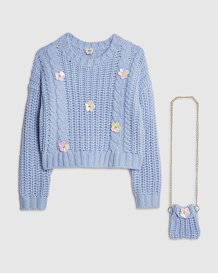 River Island Girls Blue Knitted Flower Jumper With Bag
