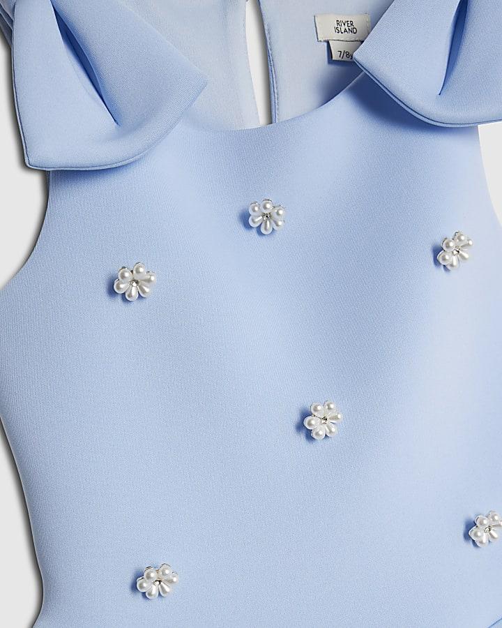 River Island Girls Blue Pearl Embellished Scuba Dress