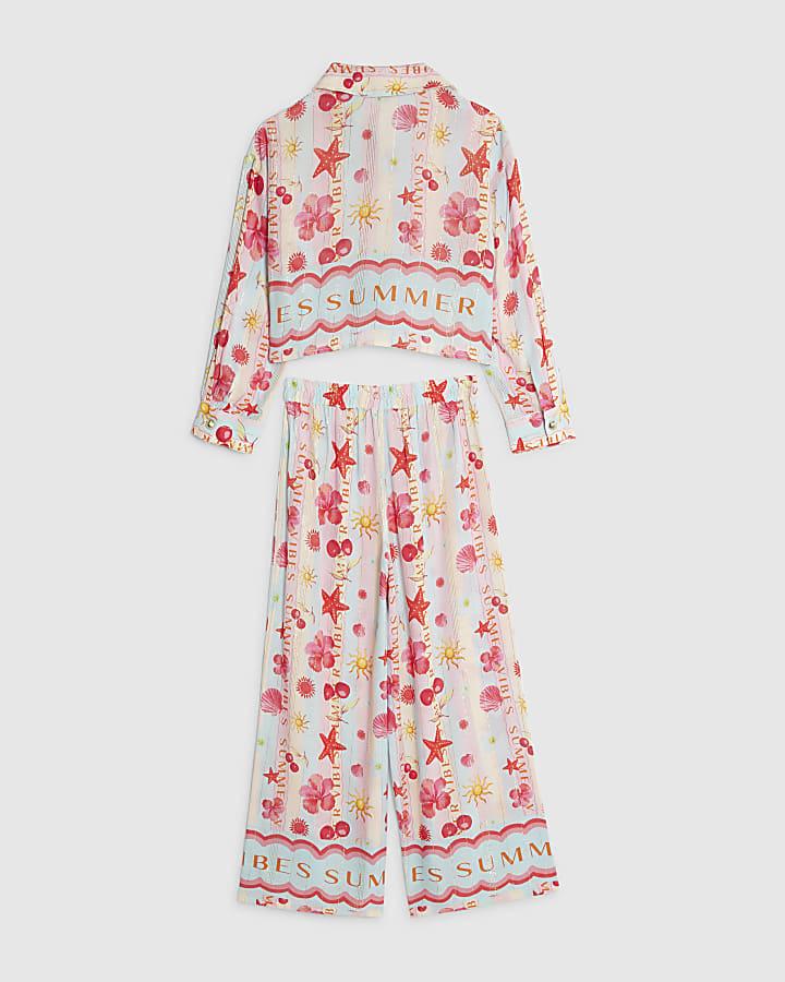 River Island Girls Blue Stripe Beach Print Trousers Set