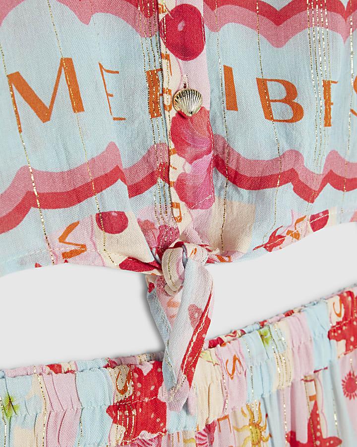 River Island Girls Blue Stripe Beach Print Trousers Set