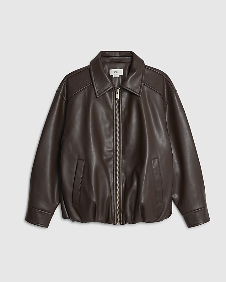 River Island Girls Brown Faux Leather Bomber Jacket