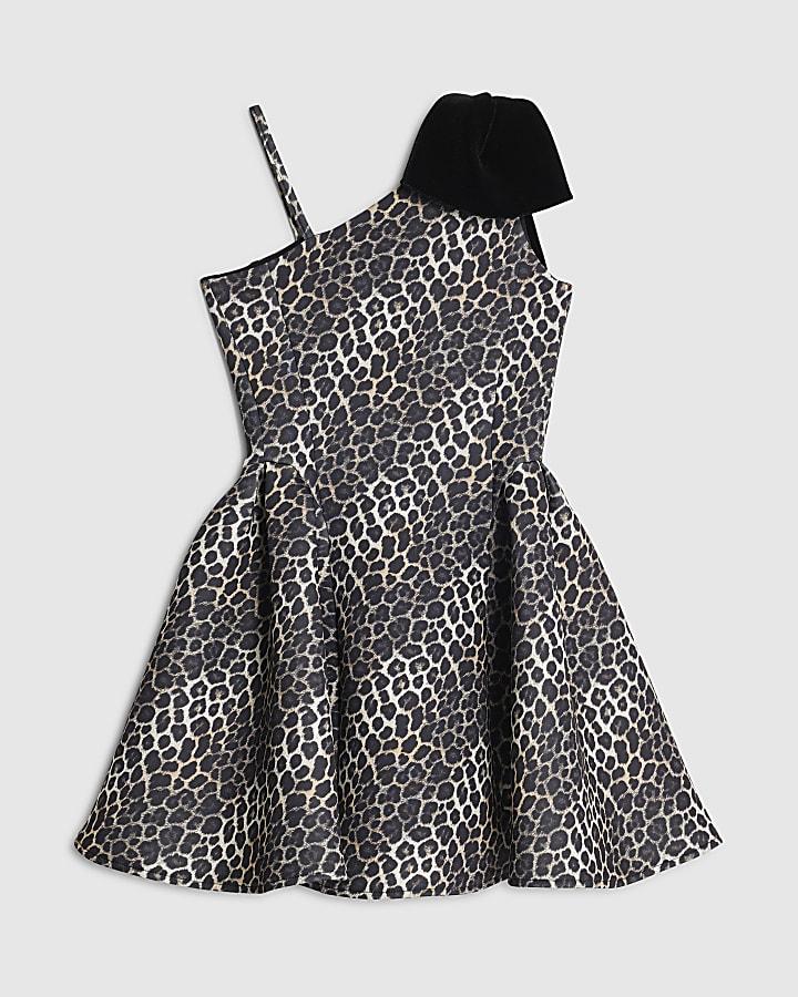 River Island Girls Brown Leopard One Shoulder Bow Dress