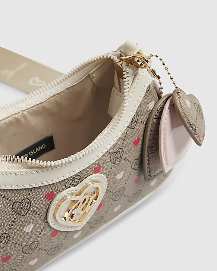 river island Girls Brown Monogram Heart Cross Body Bag