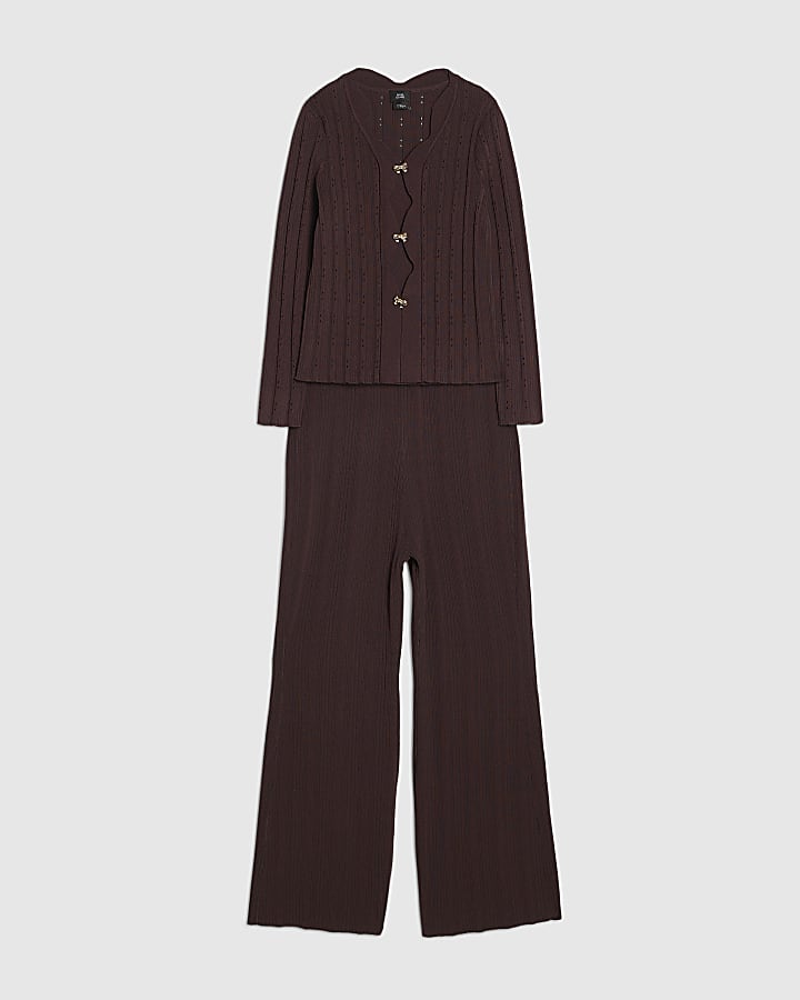 River Island Girls Brown Textured Top And Trousers Set
