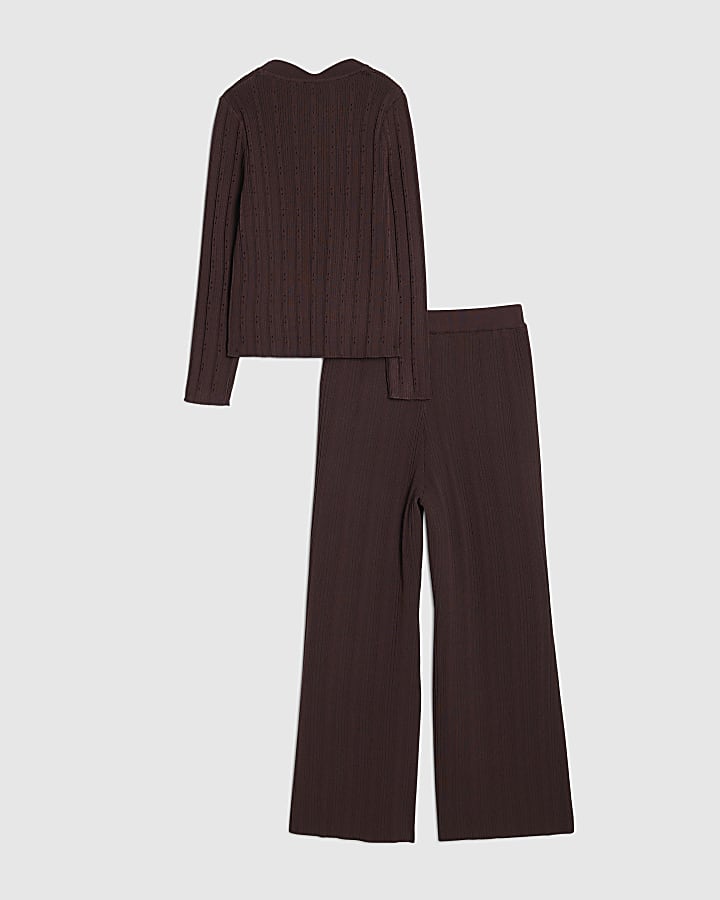 River Island Girls Brown Textured Top And Trousers Set