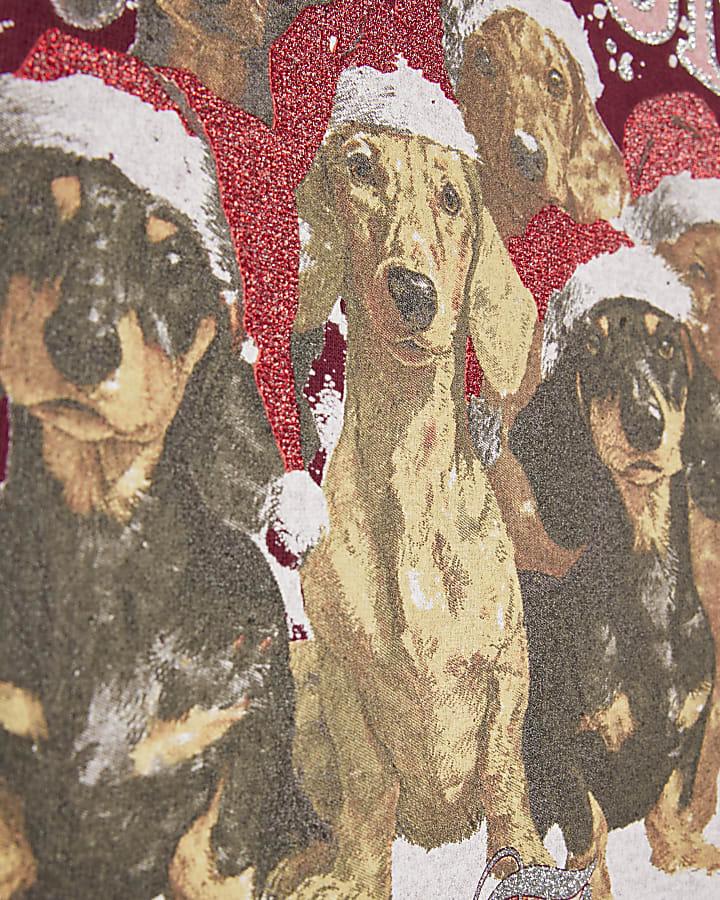 River Island Girls Burgundy Dachshund Snow Xmas T-Shirt