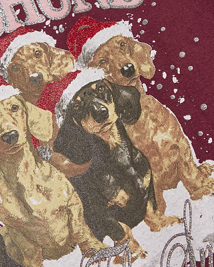 River Island Girls Burgundy Dachshund Snow Xmas T-Shirt