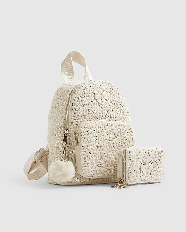 River Island Girls Cream Borg Backpack Purse Bundle