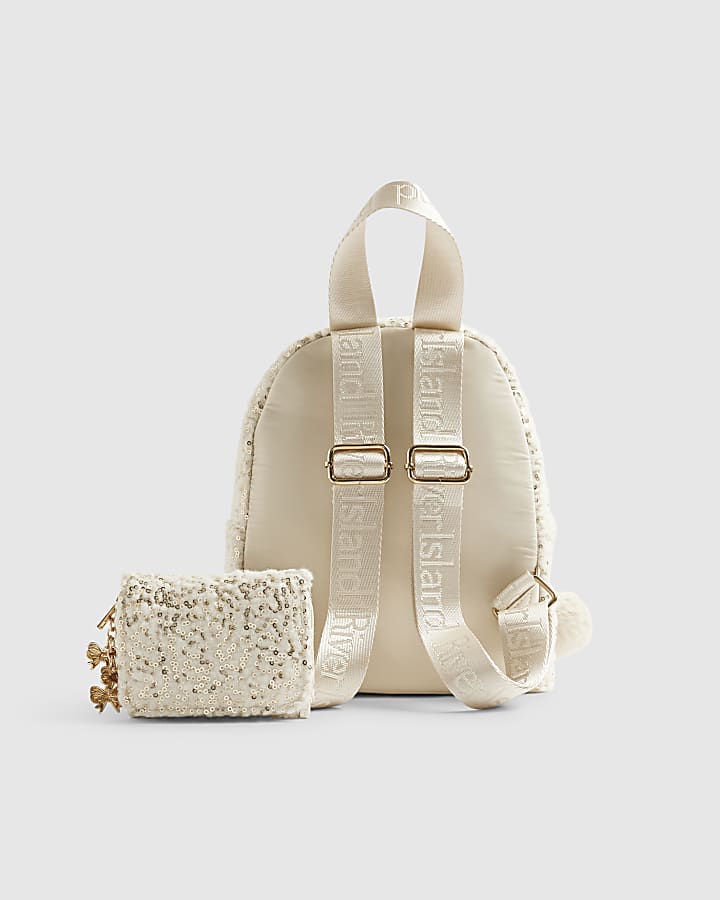 River Island Girls Cream Borg Backpack Purse Bundle