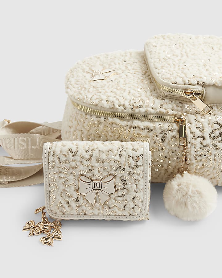 River Island Girls Cream Borg Backpack Purse Bundle
