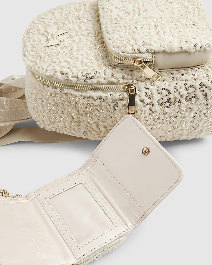 river island Girls Cream Borg Backpack Purse Bundle