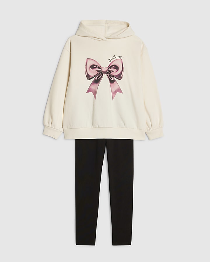 River Island Girls Cream Bow Hoodie And Leggings Set