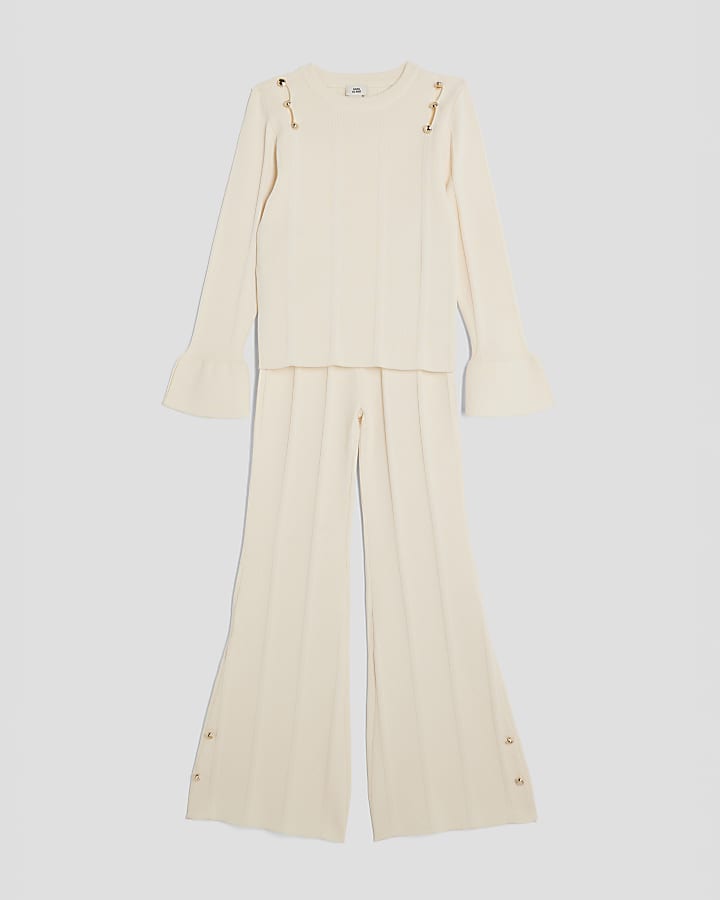 River Island Girls Cream Buttoned Long Sleeve Top Set