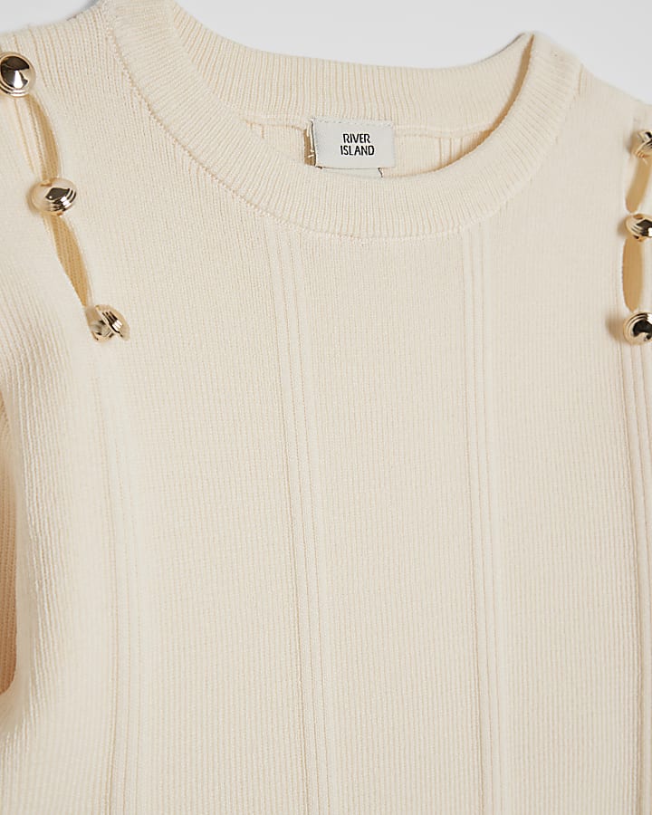 River Island Girls Cream Buttoned Long Sleeve Top Set