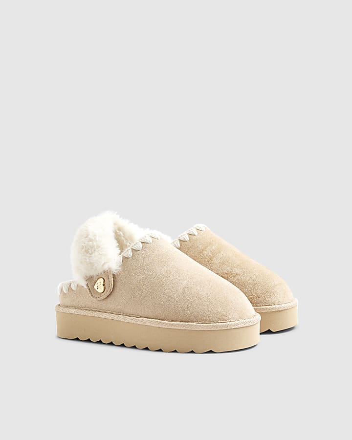 River Island Girls Cream Faux Fur Trim Strap Slippers