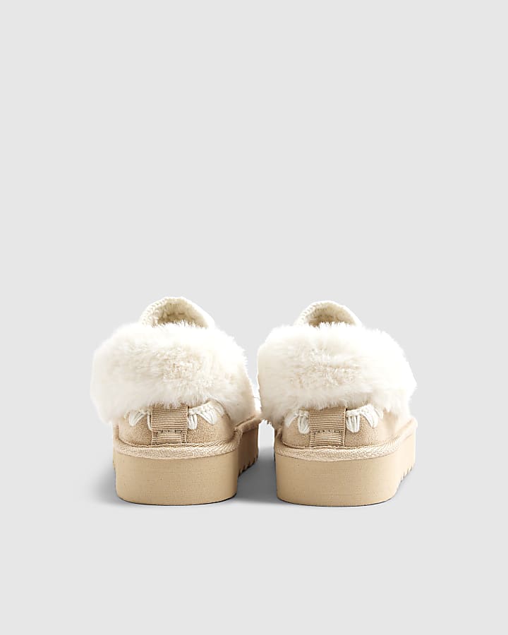 River Island Girls Cream Faux Fur Trim Strap Slippers