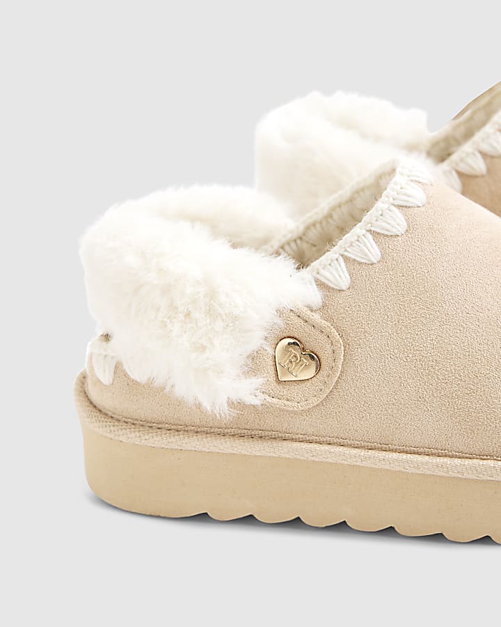 River Island Girls Cream Faux Fur Trim Strap Slippers
