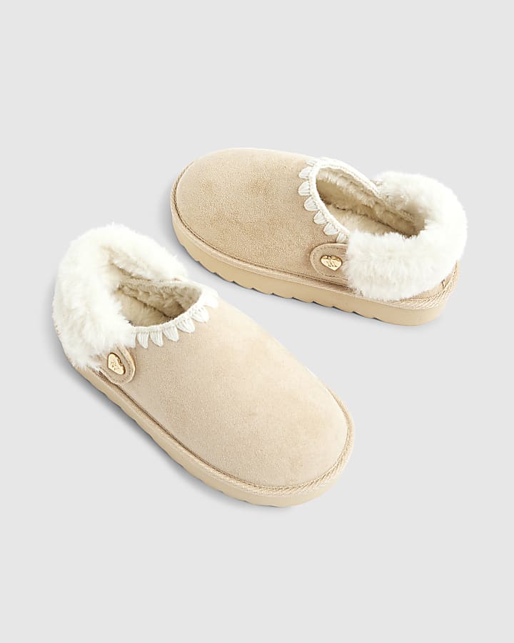 river island Girls Cream Faux Fur Trim Strap Slippers